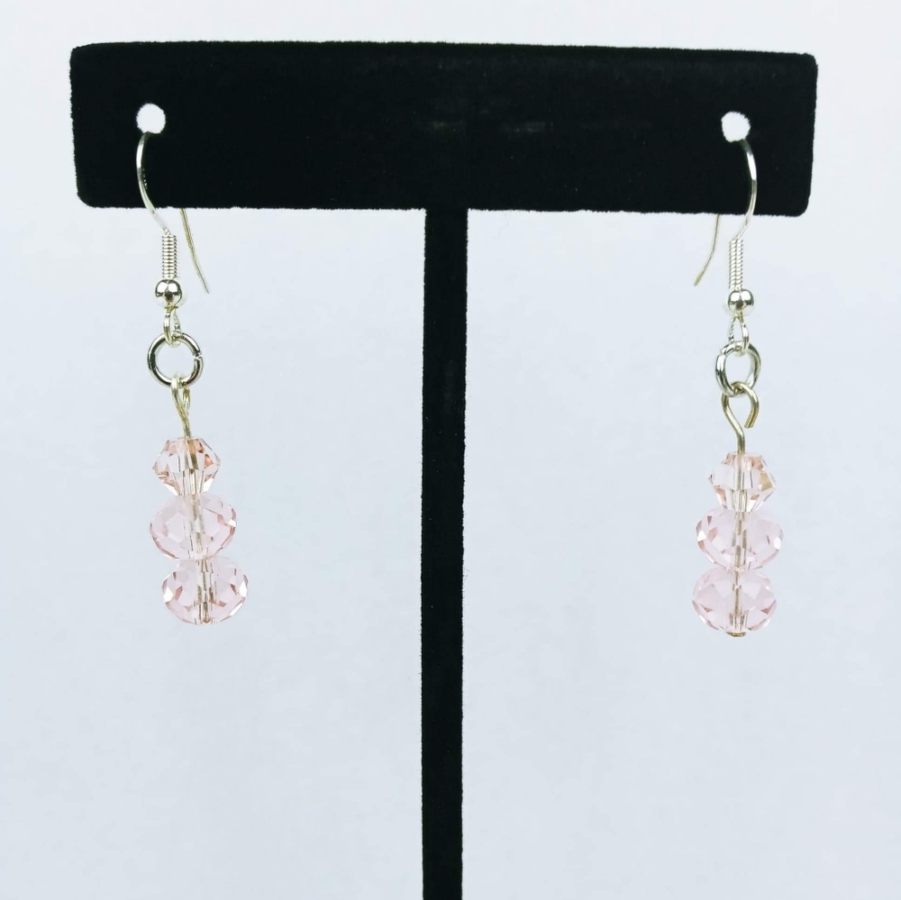 Simple Light Pink faceted glass bead tiered dangle earrings - Picture 2 of 3